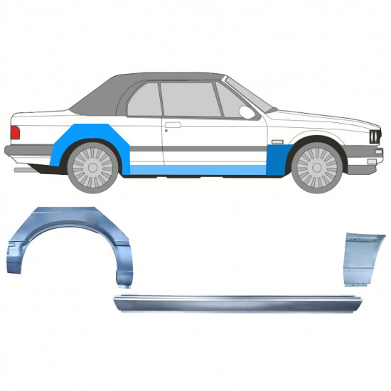 BMW 3 E30 CABRIO 1985-1987 SEGMENT REPARAȚIE ARIPĂ SPATE + PRAG + PANOU  REPARATIE ARIPA FAȚĂ / A STABILIT / DREAPTA