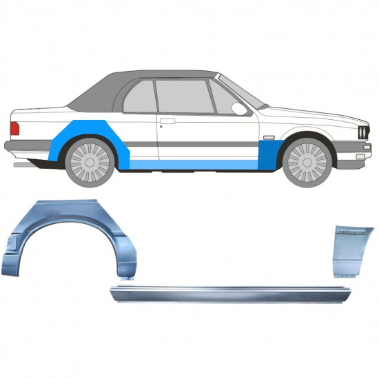 BMW 3 E30 CABRIO 1987-1994 SEGMENT REPARAȚIE ARIPĂ SPATE + PRAG + PANOU  REPARATIE ARIPA FAȚĂ / A STABILIT / DREAPTA